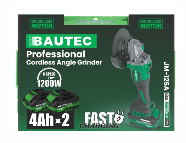 Polizor unghiular pe acumulator Bautec JM-125A (21 V, 1200 W, 125 mm, Li-ion, fără perii / brushless)